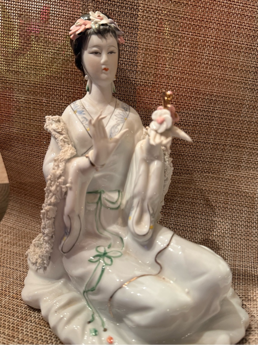Vintage Gilded Porcelain Geisha Figurine in White and Pink - Decorative
